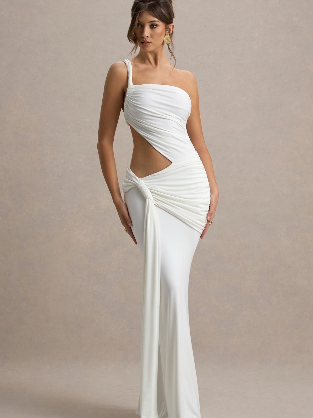 Club L London White One-Shoulder Backless Cutout Gown